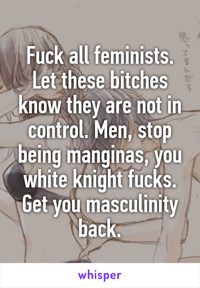 Fuck all feminists. Let these bitches know they are not in control. Men, stop being manginas, you white knight fucks. Get you masculinity back.