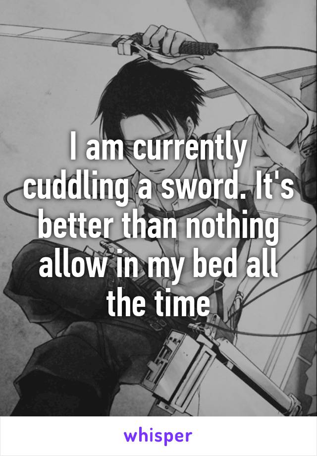 I am currently cuddling a sword. It's better than nothing allow in my bed all the time