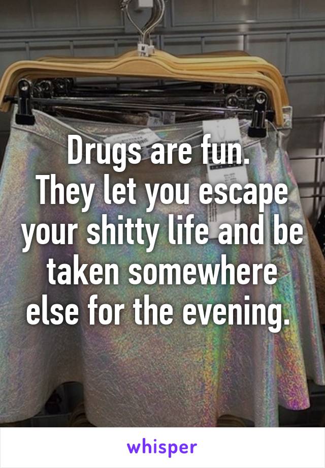 Drugs are fun. 
They let you escape your shitty life and be taken somewhere else for the evening. 