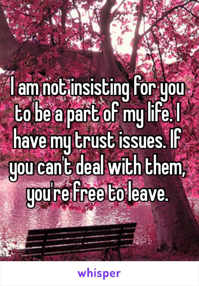 I am not insisting for you to be a part of my life. I have my trust issues. If you can't deal with them, you're free to leave.