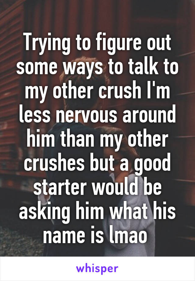 Trying to figure out some ways to talk to my other crush I'm less nervous around him than my other crushes but a good starter would be asking him what his name is lmao 