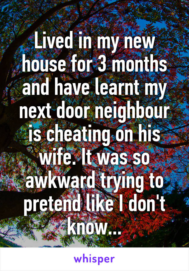 Lived in my new house for 3 months and have learnt my next door neighbour is cheating on his wife. It was so awkward trying to pretend like I don't know...