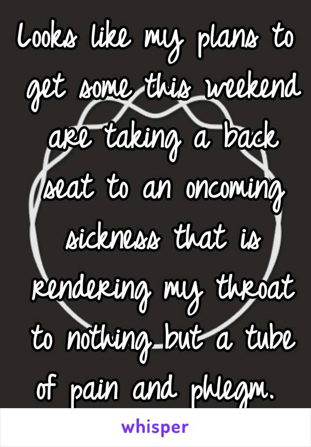 Looks like my plans to get some this weekend are taking a back seat to an oncoming sickness that is rendering my throat to nothing but a tube of pain and phlegm. 