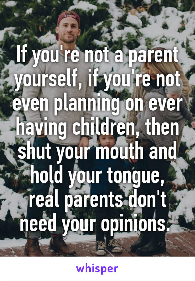 If you're not a parent yourself, if you're not even planning on ever having children, then shut your mouth and hold your tongue, real parents don't need your opinions. 