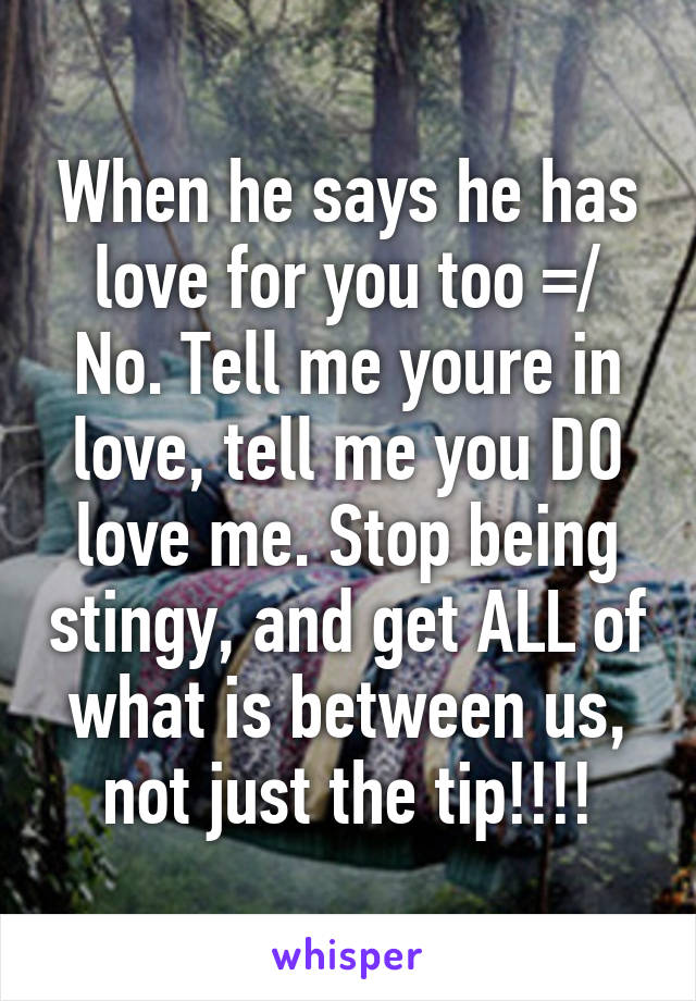 When he says he has love for you too =/ No. Tell me youre in love, tell me you DO love me. Stop being stingy, and get ALL of what is between us, not just the tip!!!!