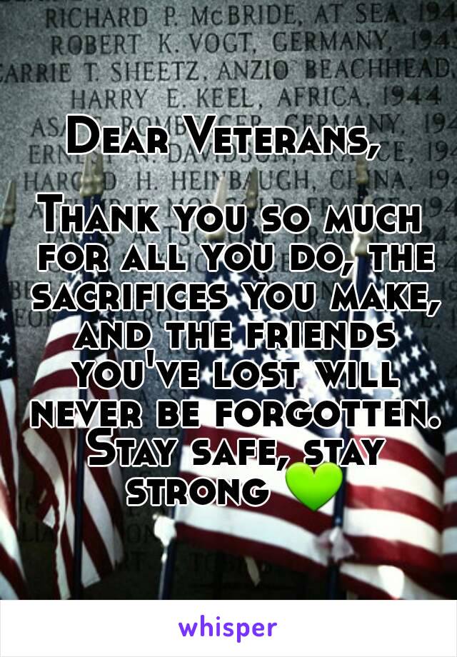 Dear Veterans, 

Thank you so much for all you do, the sacrifices you make, and the friends you've lost will never be forgotten. Stay safe, stay strong 💚