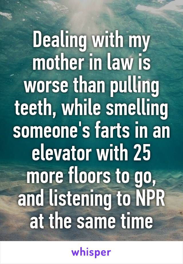 Dealing with my mother in law is worse than pulling teeth, while smelling someone's farts in an elevator with 25 more floors to go, and listening to NPR at the same time