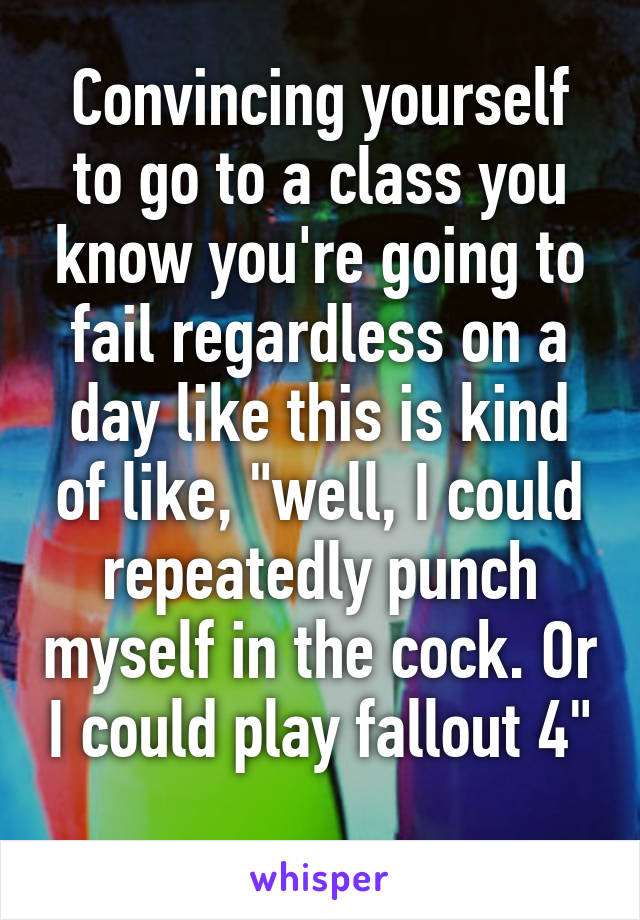 Convincing yourself to go to a class you know you're going to fail regardless on a day like this is kind of like, "well, I could repeatedly punch myself in the cock. Or I could play fallout 4" 