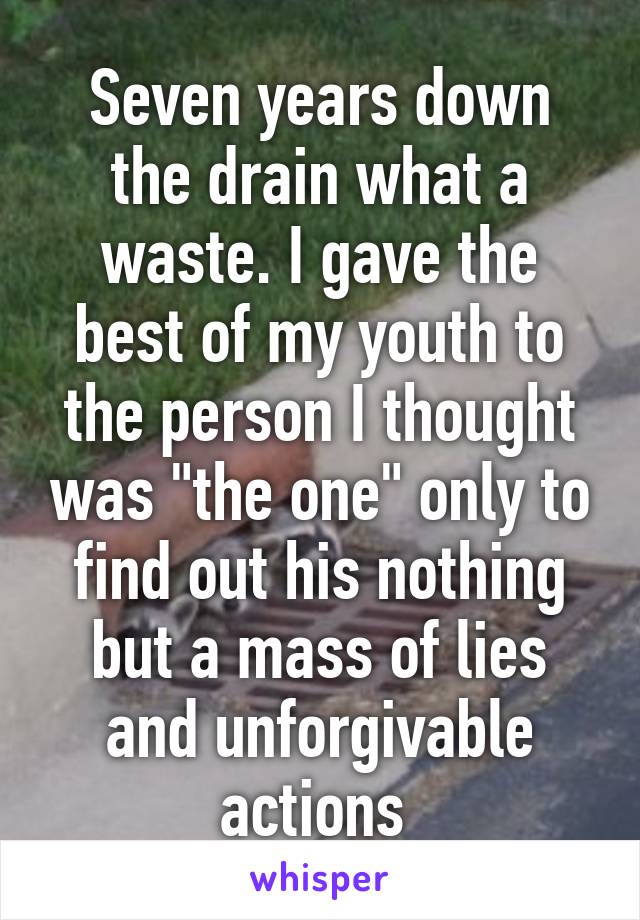 Seven years down the drain what a waste. I gave the best of my youth to the person I thought was "the one" only to find out his nothing but a mass of lies and unforgivable actions 