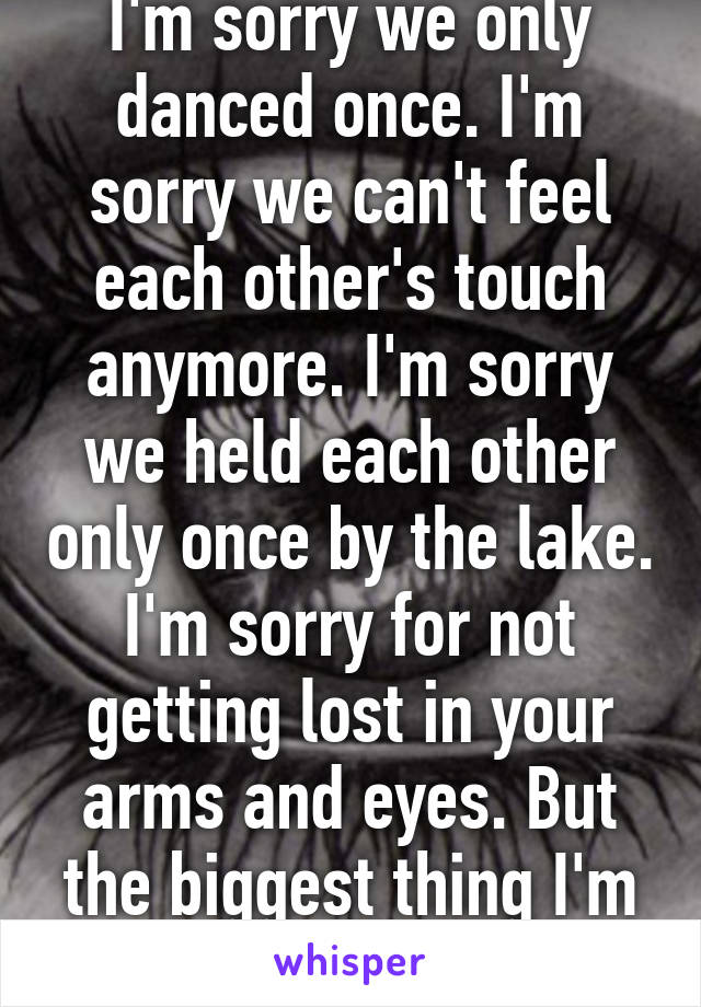 I'm sorry we only danced once. I'm sorry we can't feel each other's touch anymore. I'm sorry we held each other only once by the lake. I'm sorry for not getting lost in your arms and eyes. But the biggest thing I'm sorry for is you ......