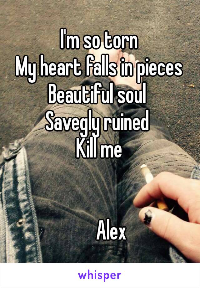 I'm so torn
My heart falls in pieces
Beautiful soul 
Savegly ruined 
Kill me


       Alex 