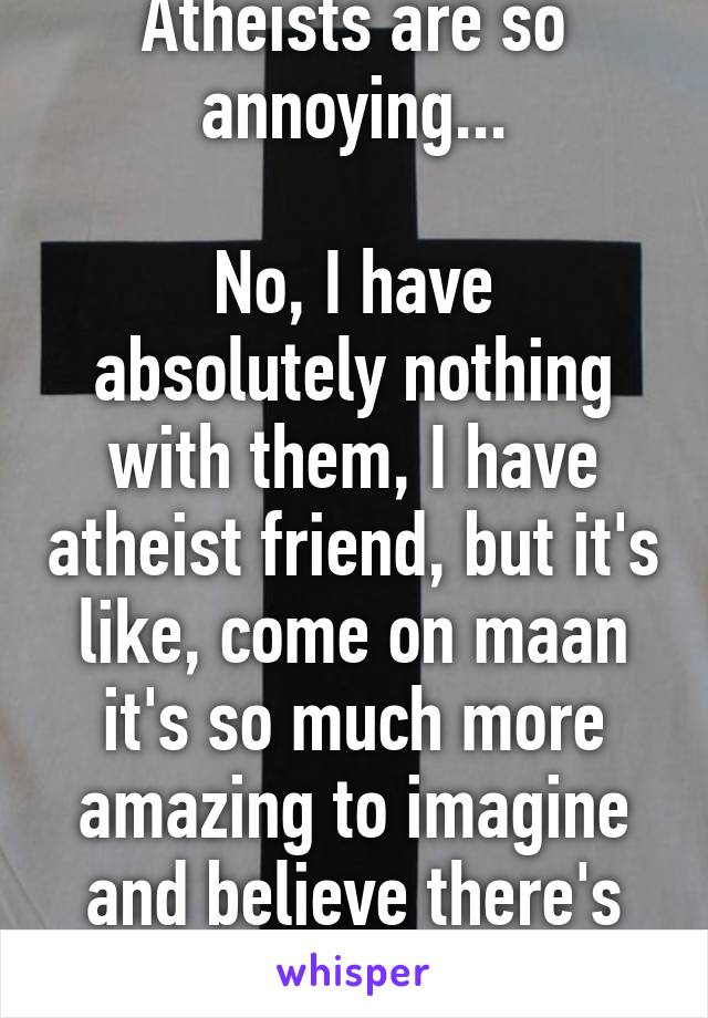 Atheists are so annoying...

No, I have absolutely nothing with them, I have atheist friend, but it's like, come on maan it's so much more amazing to imagine and believe there's more to it...