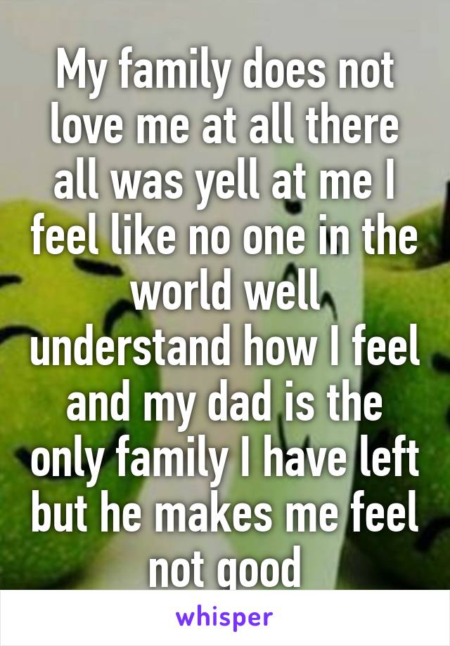 My family does not love me at all there all was yell at me I feel like no one in the world well understand how I feel and my dad is the only family I have left but he makes me feel not good