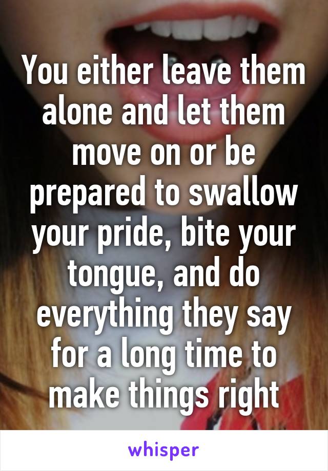 You either leave them alone and let them move on or be prepared to swallow your pride, bite your tongue, and do everything they say for a long time to make things right