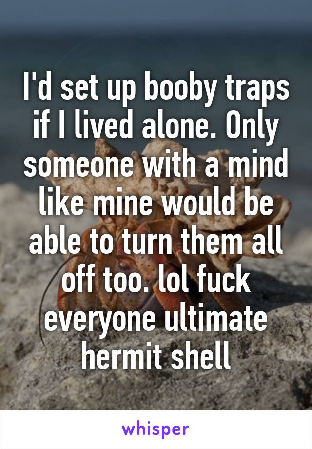 I'd set up booby traps if I lived alone. Only someone with a mind like mine would be able to turn them all off too. lol fuck everyone ultimate hermit shell