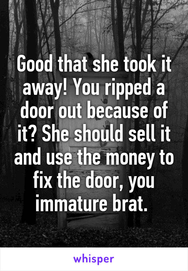 Good that she took it away! You ripped a door out because of it? She should sell it and use the money to fix the door, you immature brat. 