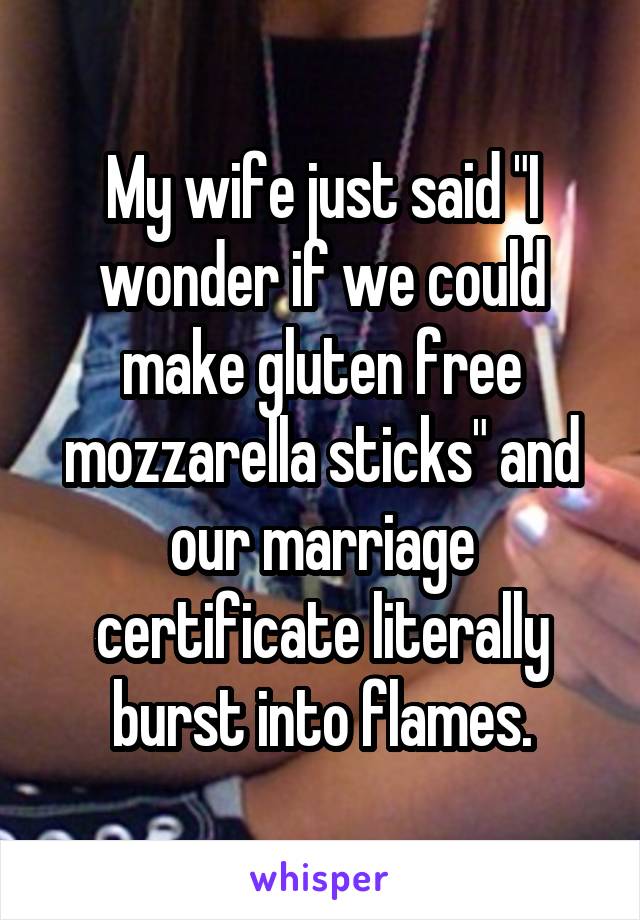 My wife just said "I wonder if we could make gluten free mozzarella sticks" and our marriage certificate literally burst into flames.