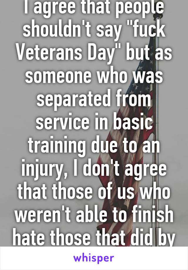 I agree that people shouldn't say "fuck Veterans Day" but as someone who was separated from service in basic training due to an injury, I don't agree that those of us who weren't able to finish hate those that did by default. 