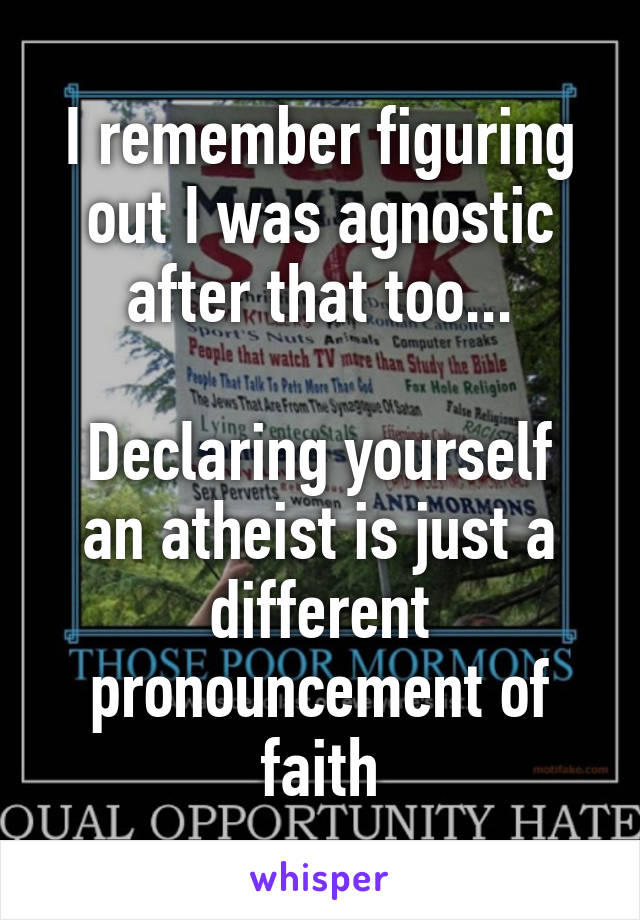 I remember figuring out I was agnostic after that too...

Declaring yourself an atheist is just a different pronouncement of faith