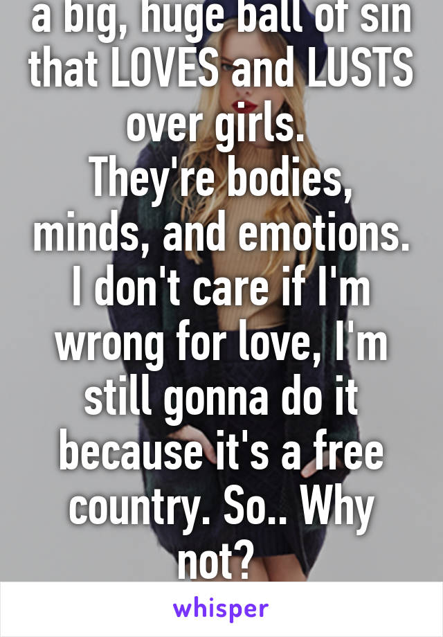 You're right. I'm just a big, huge ball of sin that LOVES and LUSTS over girls. 
They're bodies, minds, and emotions. I don't care if I'm wrong for love, I'm still gonna do it because it's a free country. So.. Why not? 
Don't knock it till you try it. 