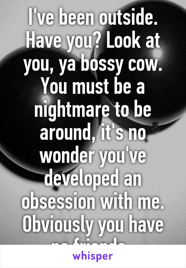 I've been outside. Have you? Look at you, ya bossy cow. You must be a nightmare to be around, it's no wonder you've developed an obsession with me. Obviously you have no friends. 