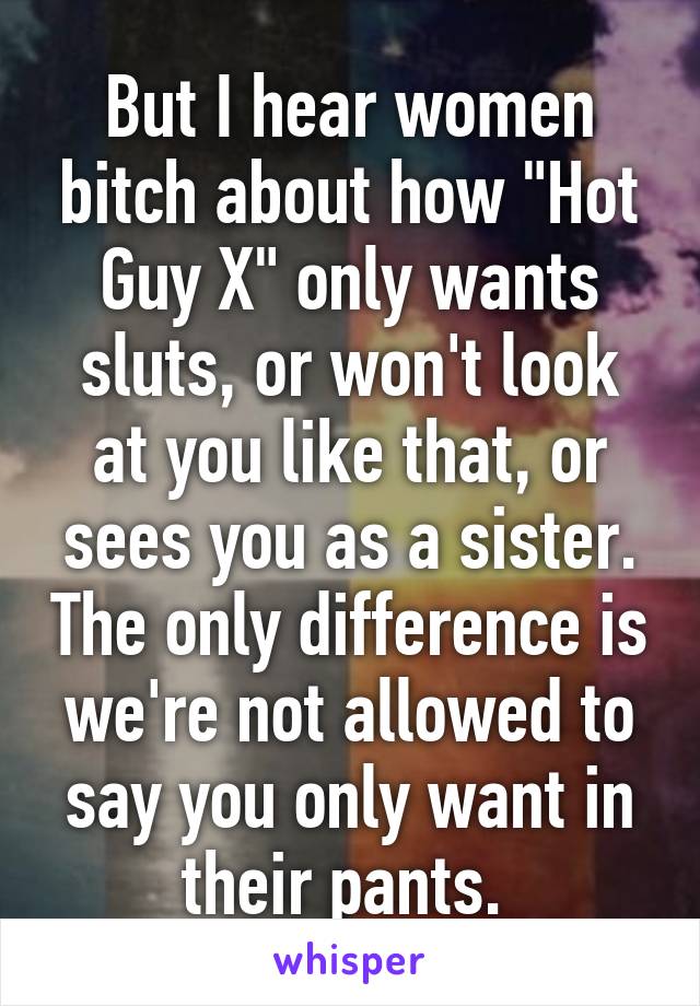 But I hear women bitch about how "Hot Guy X" only wants sluts, or won't look at you like that, or sees you as a sister. The only difference is we're not allowed to say you only want in their pants. 