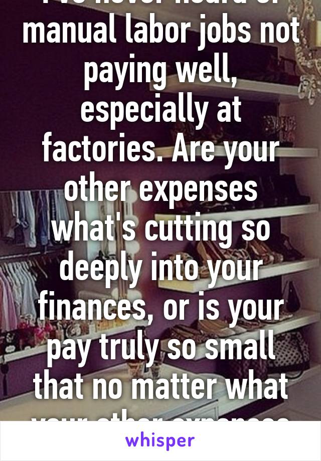 I've never heard of manual labor jobs not paying well, especially at factories. Are your other expenses what's cutting so deeply into your finances, or is your pay truly so small that no matter what your other expenses are, you're not ok.