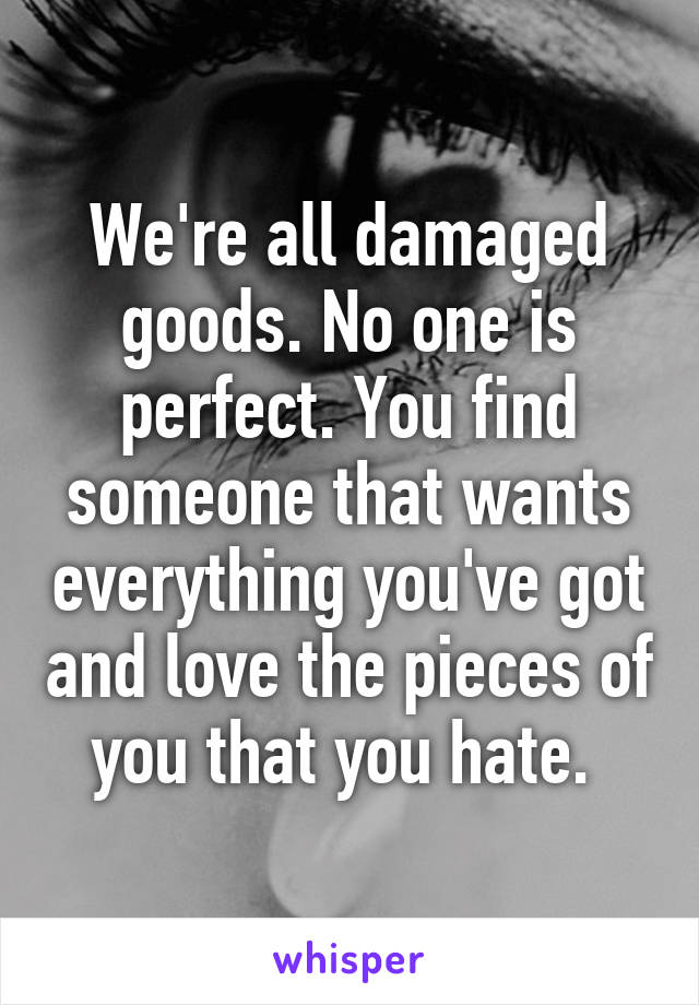 We're all damaged goods. No one is perfect. You find someone that wants everything you've got and love the pieces of you that you hate. 