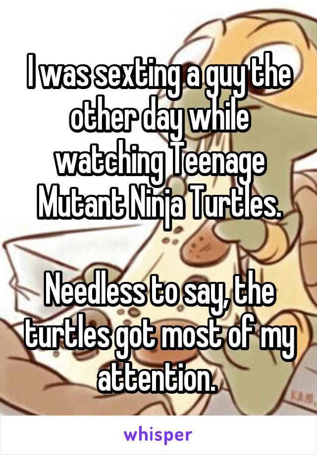 I was sexting a guy the other day while watching Teenage Mutant Ninja Turtles.

Needless to say, the turtles got most of my attention. 