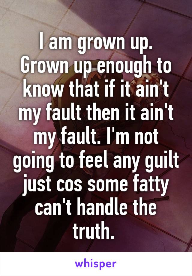 I am grown up. Grown up enough to know that if it ain't my fault then it ain't my fault. I'm not going to feel any guilt just cos some fatty can't handle the truth. 