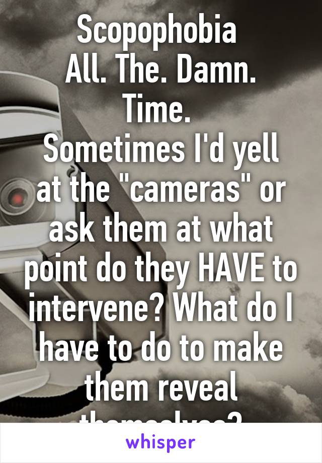 Scopophobia 
All. The. Damn. Time. 
Sometimes I'd yell at the "cameras" or ask them at what point do they HAVE to intervene? What do I have to do to make them reveal themselves?