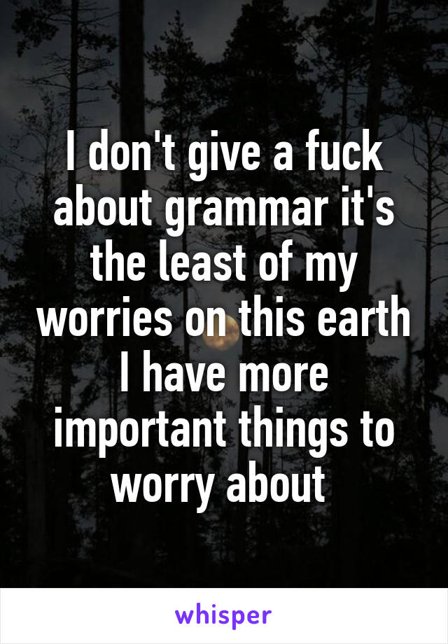 I don't give a fuck about grammar it's the least of my worries on this earth I have more important things to worry about 