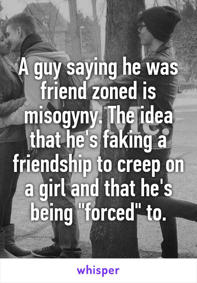 A guy saying he was friend zoned is misogyny. The idea that he's faking a friendship to creep on a girl and that he's being "forced" to.