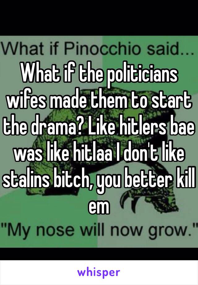 What if the politicians wifes made them to start the drama? Like hitlers bae was like hitlaa I don't like stalins bitch, you better kill em