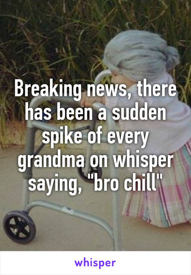 Breaking news, there has been a sudden spike of every grandma on whisper saying, "bro chill"