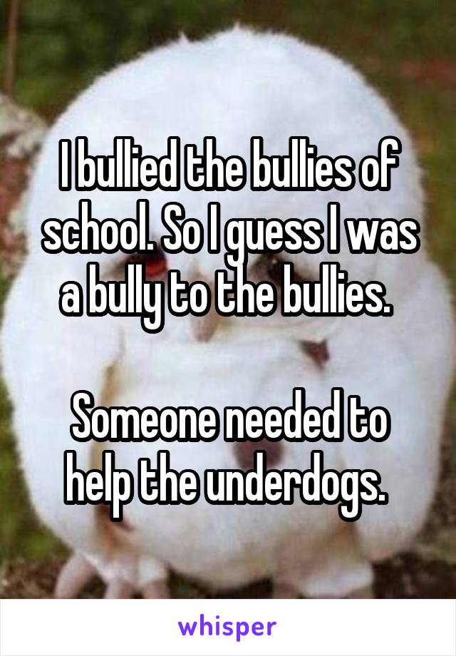 I bullied the bullies of school. So I guess I was a bully to the bullies. 

Someone needed to help the underdogs. 