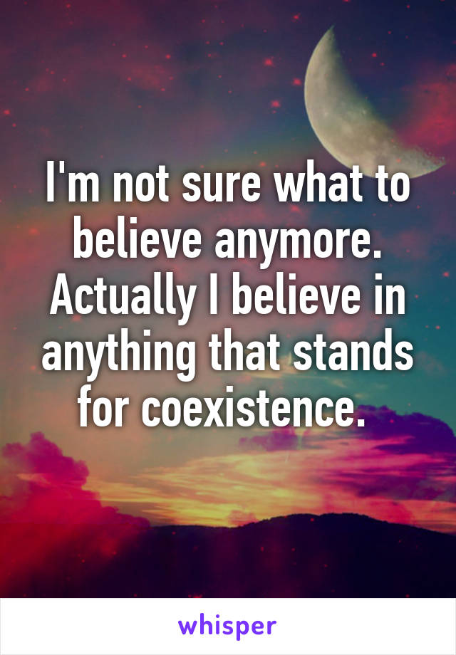 I'm not sure what to believe anymore. Actually I believe in anything that stands for coexistence. 
