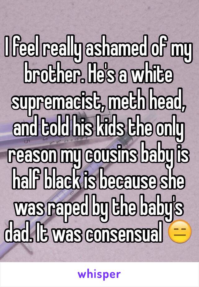 I feel really ashamed of my brother. He's a white supremacist, meth head, and told his kids the only reason my cousins baby is half black is because she was raped by the baby's dad. It was consensual 😑