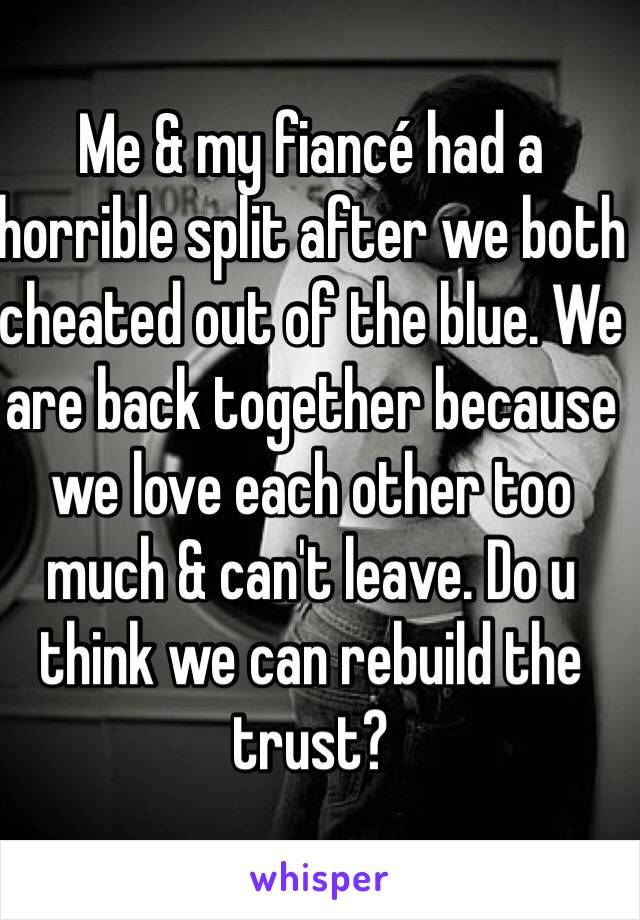 Me & my fiancé had a horrible split after we both cheated out of the blue. We are back together because we love each other too much & can't leave. Do u think we can rebuild the trust?