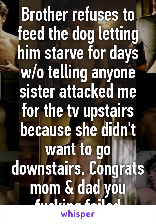 Brother refuses to feed the dog letting him starve for days w/o telling anyone sister attacked me for the tv upstairs because she didn't want to go downstairs. Congrats mom & dad you fucking failed