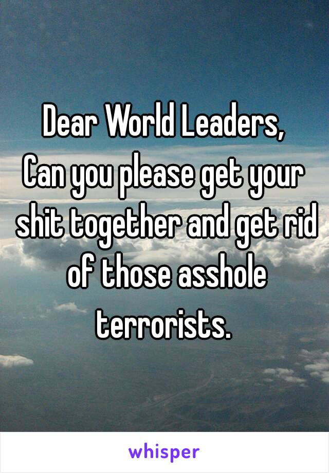 Dear World Leaders,
Can you please get your shit together and get rid of those asshole terrorists. 