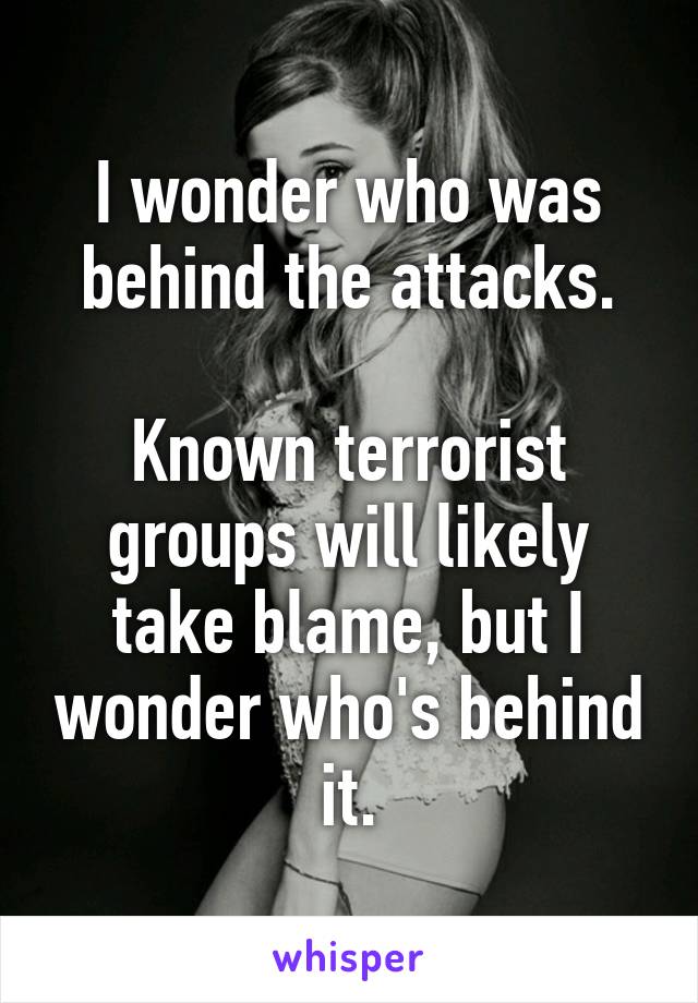 I wonder who was behind the attacks.

Known terrorist groups will likely take blame, but I wonder who's behind it.