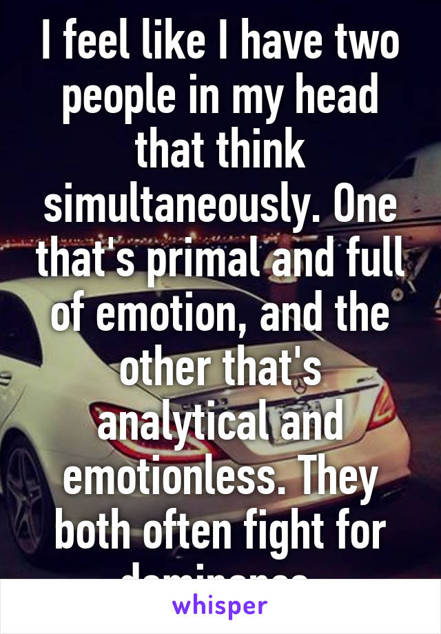 I feel like I have two people in my head that think simultaneously. One that's primal and full of emotion, and the other that's analytical and emotionless. They both often fight for dominance.