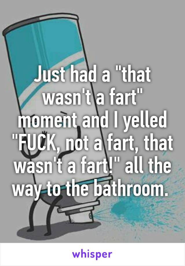 Just had a "that wasn't a fart" moment and I yelled "FUCK, not a fart, that wasn't a fart!" all the way to the bathroom. 