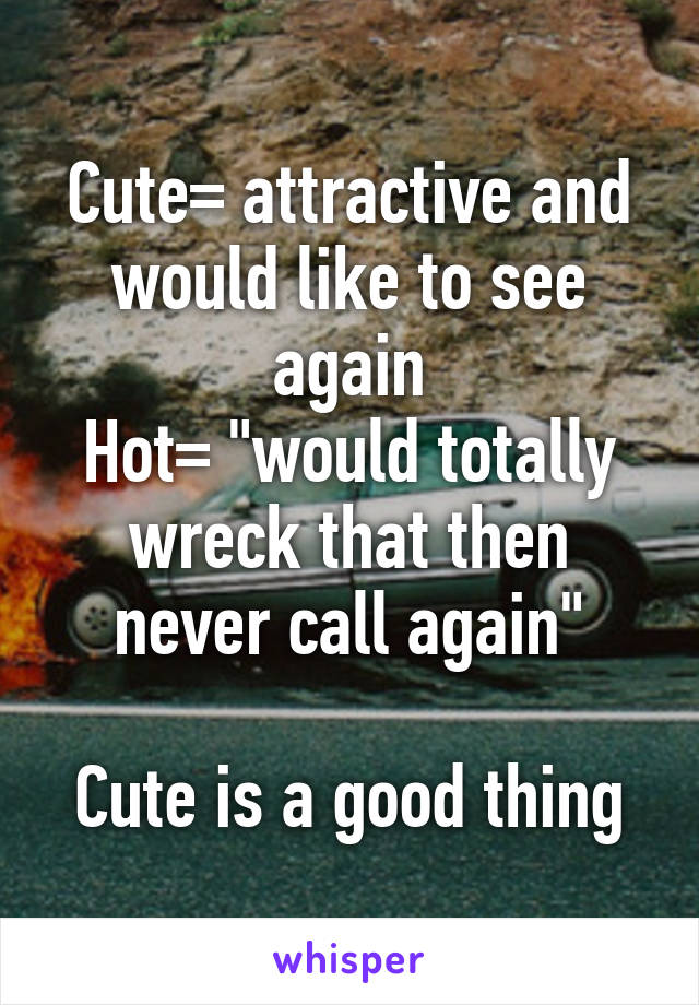 Cute= attractive and would like to see again
Hot= "would totally wreck that then never call again"

Cute is a good thing