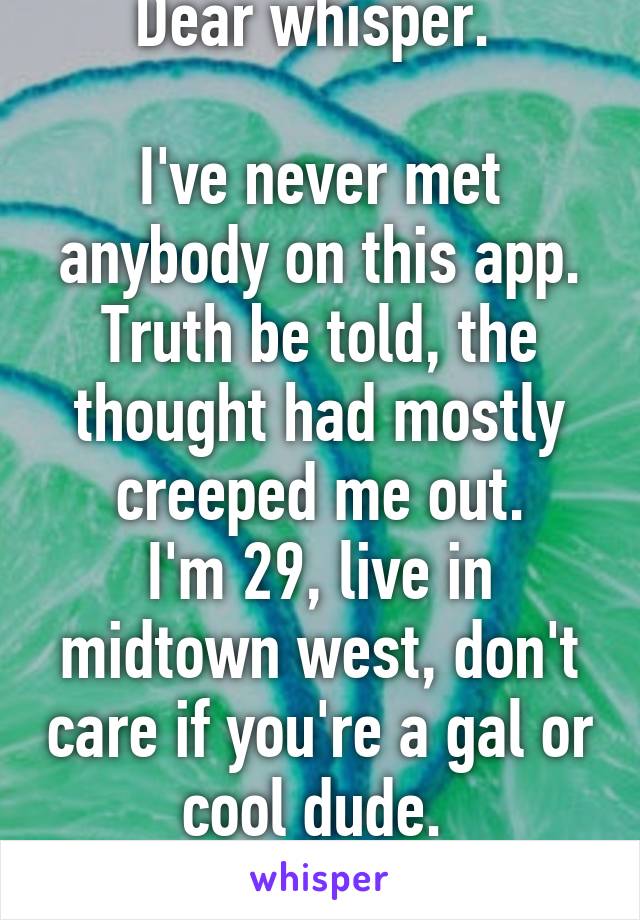 Dear whisper. 

I've never met anybody on this app. Truth be told, the thought had mostly creeped me out.
I'm 29, live in midtown west, don't care if you're a gal or cool dude. 
Drink maybe?
