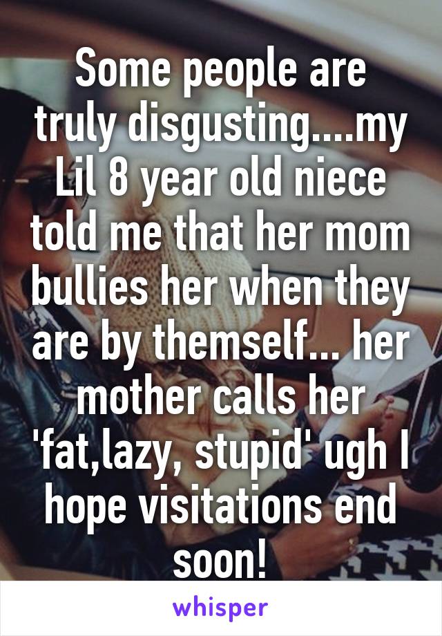 Some people are truly disgusting....my Lil 8 year old niece told me that her mom bullies her when they are by themself... her mother calls her 'fat,lazy, stupid' ugh I hope visitations end soon!