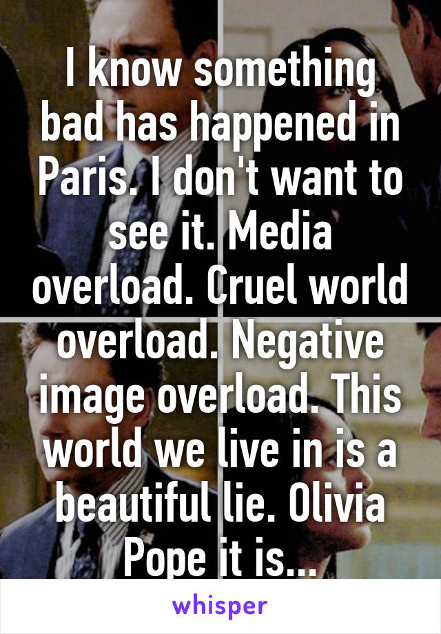 I know something bad has happened in Paris. I don't want to see it. Media overload. Cruel world overload. Negative image overload. This world we live in is a beautiful lie. Olivia Pope it is...