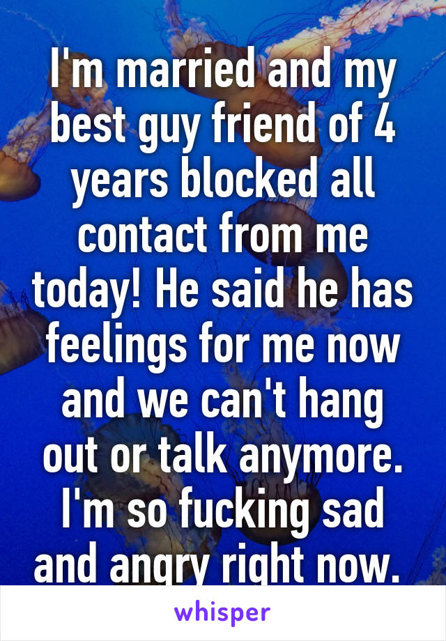 I'm married and my best guy friend of 4 years blocked all contact from me today! He said he has feelings for me now and we can't hang out or talk anymore. I'm so fucking sad and angry right now. 