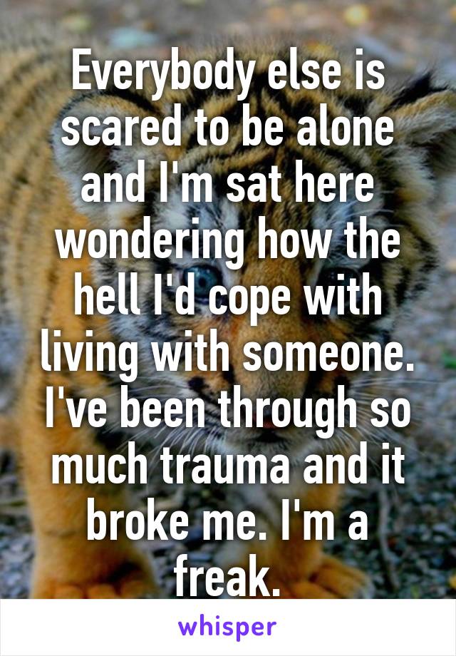 Everybody else is scared to be alone and I'm sat here wondering how the hell I'd cope with living with someone. I've been through so much trauma and it broke me. I'm a freak.